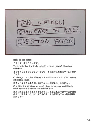 Back to the ethos:
Ƥ⤦һȤ餤Ǥ
Take control of the tools to build a more powerful lighting
workflow.
ꏊʥ饤ƥ󥰥`ե`򘋺B뤿˥ĩ`ʹ
ʤ
Challenge the rules of reality to communicate an effect on an
emotional level.
٥Ǥ΄򄓤ˡFgΥ`餦
Question the existing art production process when it limits
your ability to achieve the desired look.
Yä褦ȤȤˡ⤷ޤǤΤ귽Է
޽ĤäƤޤΤʤ顢μȴΥ`^̤
Ɇ֤ġ
30
 