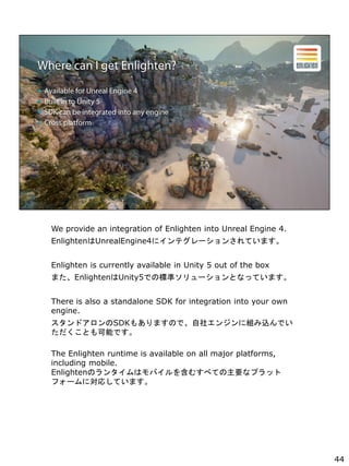 We provide an integration of Enlighten into Unreal Engine 4.
EnlightenUnrealEngine4˥ƥ`󤵤Ƥޤ
Enlighten is currently available in Unity 5 out of the box
ޤEnlightenUnity5ǤΘ˜ʥ`ȤʤäƤޤ
There is also a standalone SDK for integration into your own
engine.
ɥSDK⤢ޤΤǡ票󥸥˽MzǤ
ȤܤǤ
The Enlighten runtime is available on all major platforms,
including mobile.
EnlightenΥ󥿥ϥХ򺬤ह٤ƤҪʥץå
ե`ˌꤷƤޤ
44
 