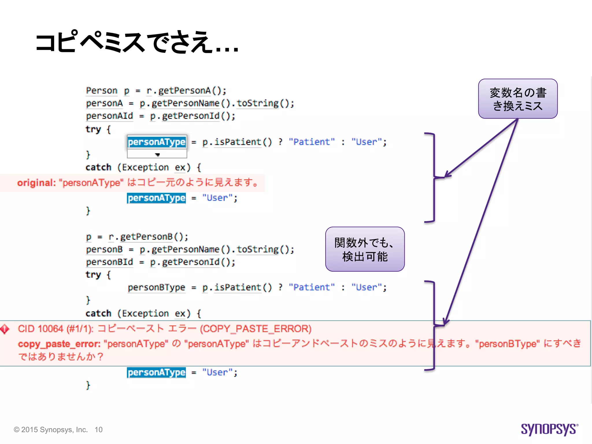 © 2015 Synopsys, Inc. 10
コピペミスでさえ…
変数名の書
き換えミス
関数外でも、
検出可能
 