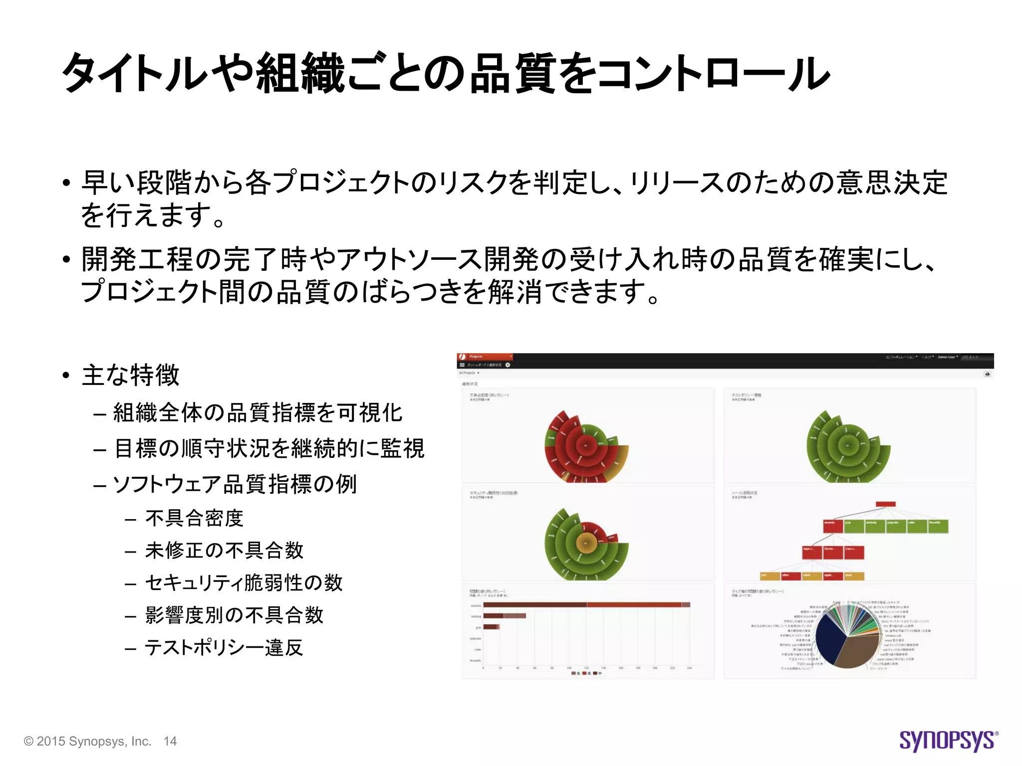 © 2015 Synopsys, Inc. 14
タイトルや組織ごとの品質をコントロール
• 早い段階から各プロジェクトのリスクを判定し、リリースのための意思決定
を行えます。
• 開発工程の完了時やアウトソース開発の受け入れ時の品質を確実にし、
プロジェクト間の品質のばらつきを解消できます。
• 主な特徴
– 組織全体の品質指標を可視化
– 目標の順守状況を継続的に監視
– ソフトウェア品質指標の例
– 不具合密度
– 未修正の不具合数
– セキュリティ脆弱性の数
– 影響度別の不具合数
– テストポリシー違反
 