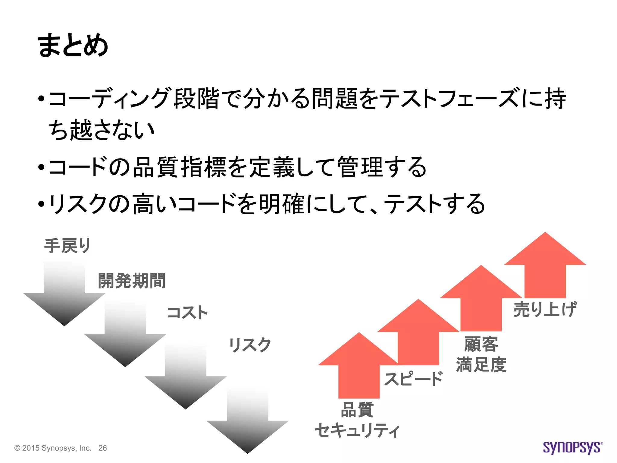 © 2015 Synopsys, Inc. 26
まとめ
•コーディング段階で分かる問題をテストフェーズに持
ち越さない
•コードの品質指標を定義して管理する
•リスクの高いコードを明確にして、テストする
顧客
満足度
スピード
リスク
開発期間
コスト
品質
セキュリティ
売り上げ
手戻り
 