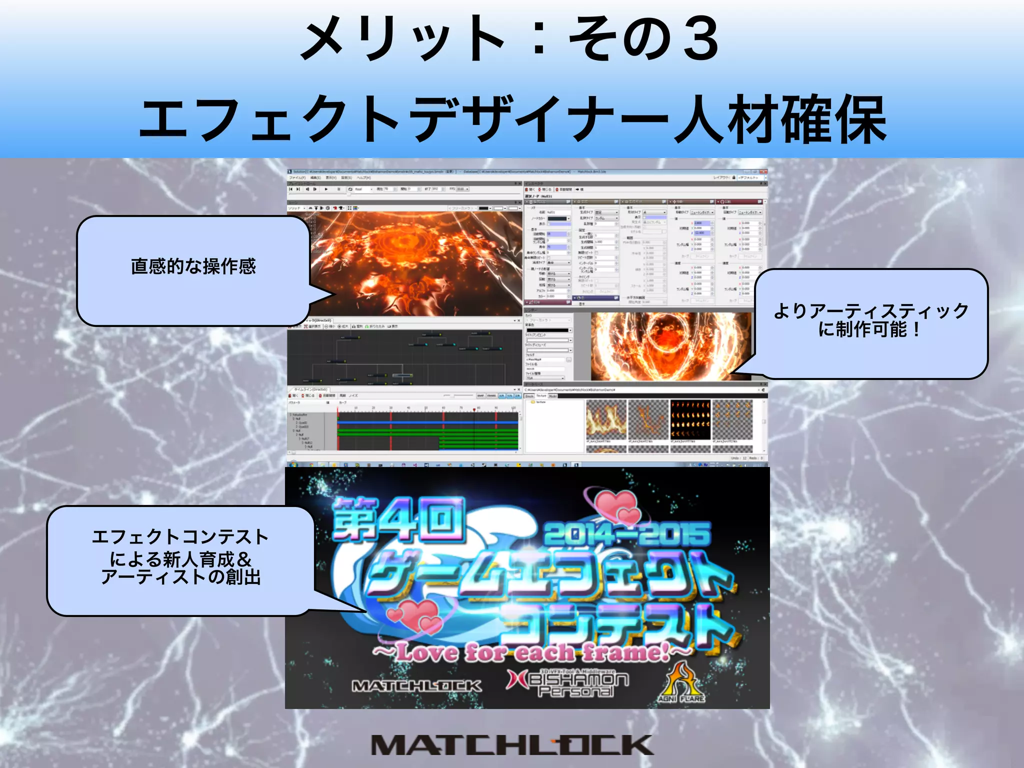 直感的な操作感
よりアーティスティック
に制作可能！
エフェクトコンテスト
による新人育成＆ 
アーティストの創出
メリット：その３
エフェクトデザイナー人材確保
 