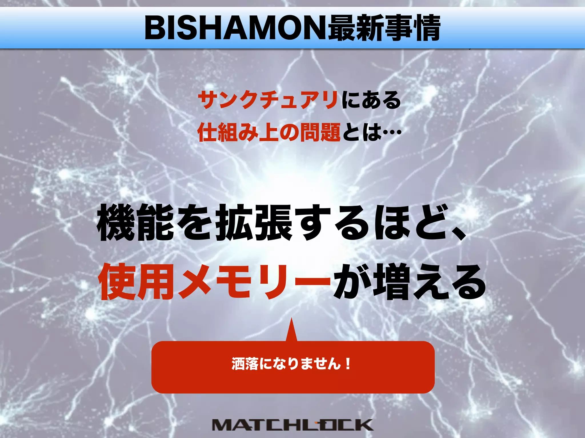 BISHAMON最新事情
サンクチュアリにある
仕組み上の問題とは…
機能を拡張するほど、
使用メモリーが増える
洒落になりません！
 