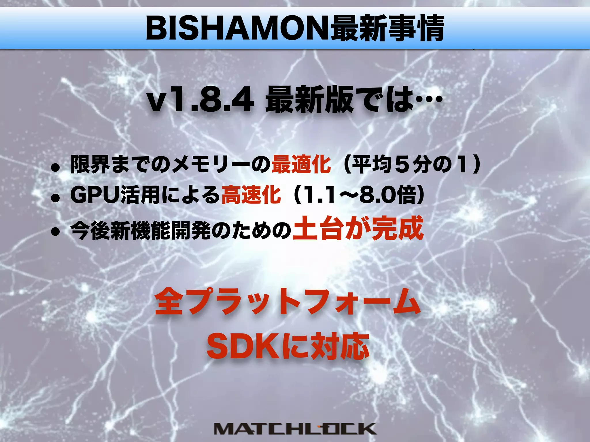 BISHAMON最新事情
v1.8.4 最新版では…
•限界までのメモリーの最適化（平均５分の１）
•GPU活用による高速化（1.1∼8.0倍）
•今後新機能開発のための土台が完成
全プラットフォーム
SDKに対応
 
