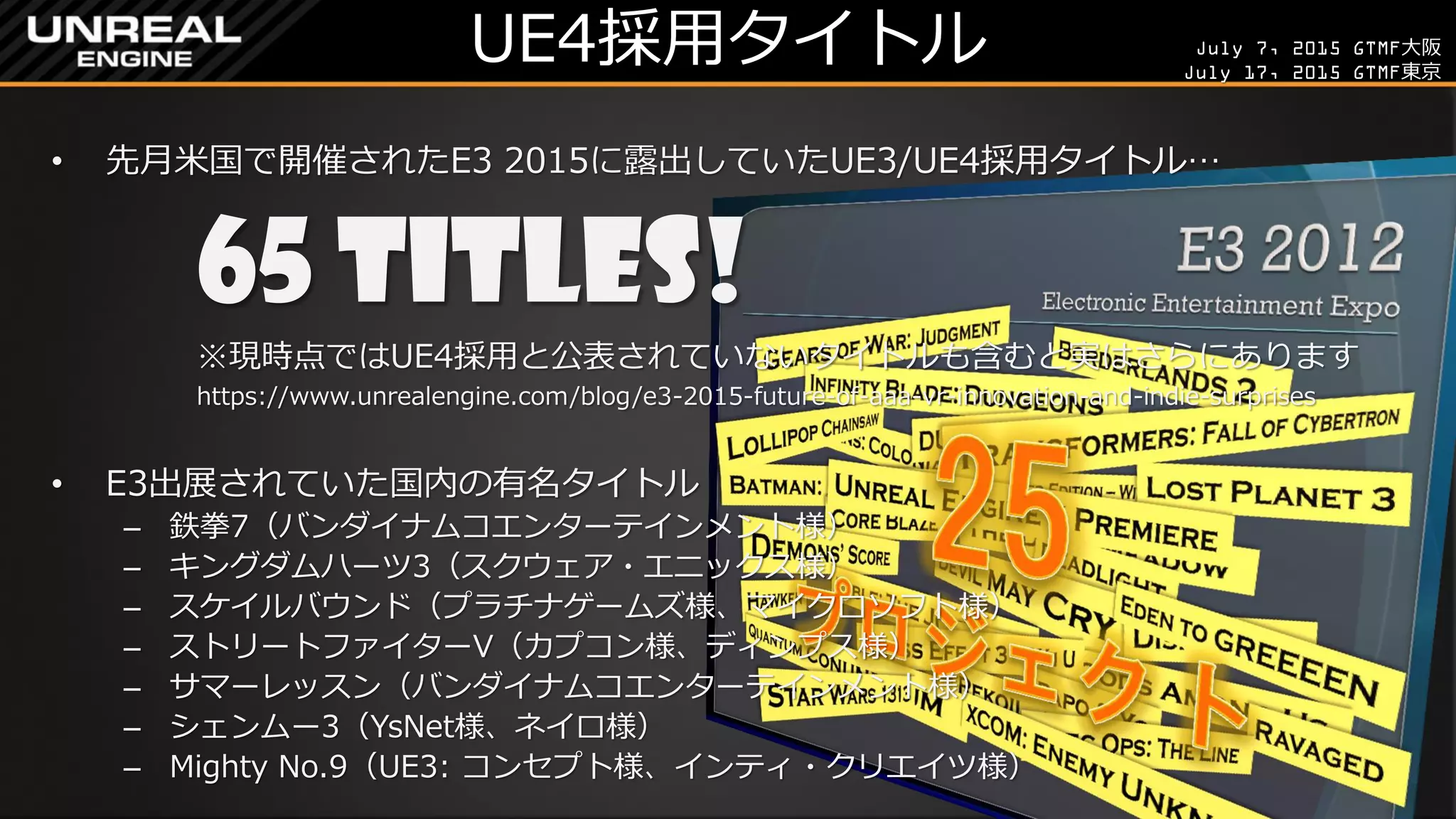 July 7, 2015 GTMF大阪
July 17, 2015 GTMF東京
UE4採用タイトル
• 先月米国で開催されたE3 2015に露出していたUE3/UE4採用タイトル…
65 Titles!
※現時点ではUE4採用と公表されていないタイトルも含むと実はさらにあります
https://www.unrealengine.com/blog/e3-2015-future-of-aaa-vr-innovation-and-indie-surprises
• E3出展されていた国内の有名タイトル
– 鉄拳7（バンダイナムコエンターテインメント様）
– キングダムハーツ3（スクウェア・エニックス様）
– スケイルバウンド（プラチナゲームズ様、マイクロソフト様）
– ストリートファイターV（カプコン様、ディンプス様）
– サマーレッスン（バンダイナムコエンターテインメント様）
– シェンムー3（YsNet様、ネイロ様）
– Mighty No.9（UE3: コンセプト様、インティ・クリエイツ様）
 