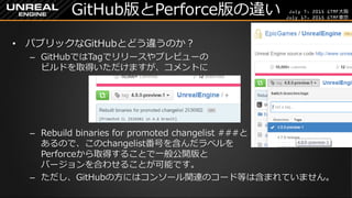 July 7, 2015 GTMF大阪
July 17, 2015 GTMF東京
GitHub版とPerforce版の違い
&bull; パブリックなGitHubとどう違うのか？
&ndash; GitHubではTagでリリースやプレビューの
ビルドを取得いただけますが、コメントに
&ndash; Rebuild binaries for promoted changelist ###と
あるので、このchangelist番号を含んだラベルを
Perforceから取得することで一般公開版と
バージョンを合わせることが可能です。
&ndash; ただし、GitHubの方にはコンソール関連のコード等は含まれていません。
 