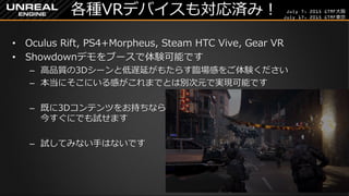 July 7, 2015 GTMF大阪
July 17, 2015 GTMF東京
各種VRデバイスも対応済み！
&bull; Oculus Rift, PS4+Morpheus, Steam HTC Vive, Gear VR
&bull; Showdownデモをブースで体験可能です
&ndash; 高品質の3Dシーンと低遅延がもたらす臨場感をご体験ください
&ndash; 本当にそこにいる感がこれまでとは別次元で実現可能です
&ndash; 既に3Dコンテンツをお持ちなら
今すぐにでも試せます
&ndash; 試してみない手はないです
 