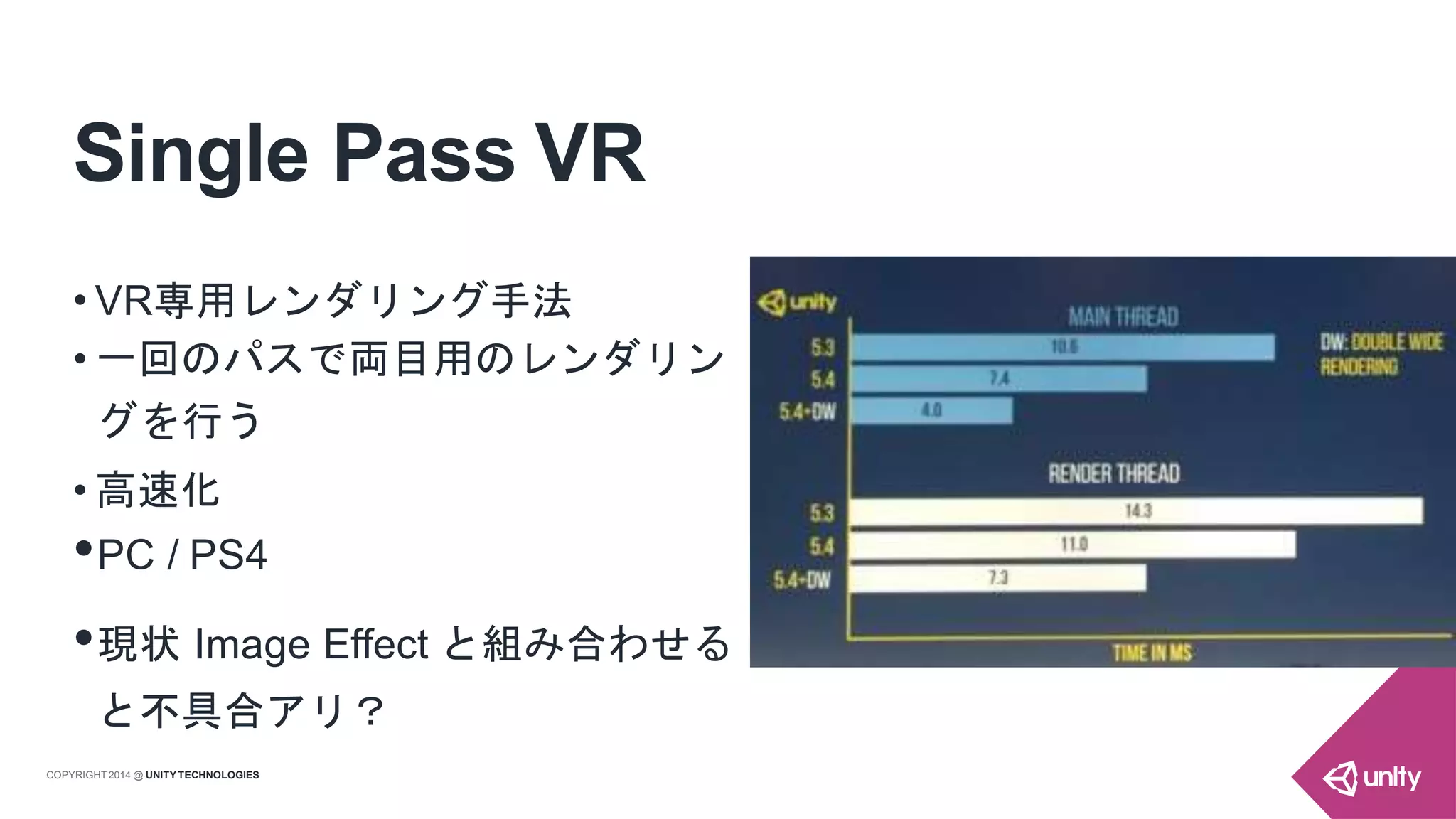 Single Pass VR
• VR専用レンダリング手法
• 一回のパスで両目用のレンダリン
グを行う
• 高速化
•PC / PS4
•現状 Image Effect と組み合わせる
と不具合アリ？
COPYRIGHT 2014 @ UNITYTECHNOLOGIES
 