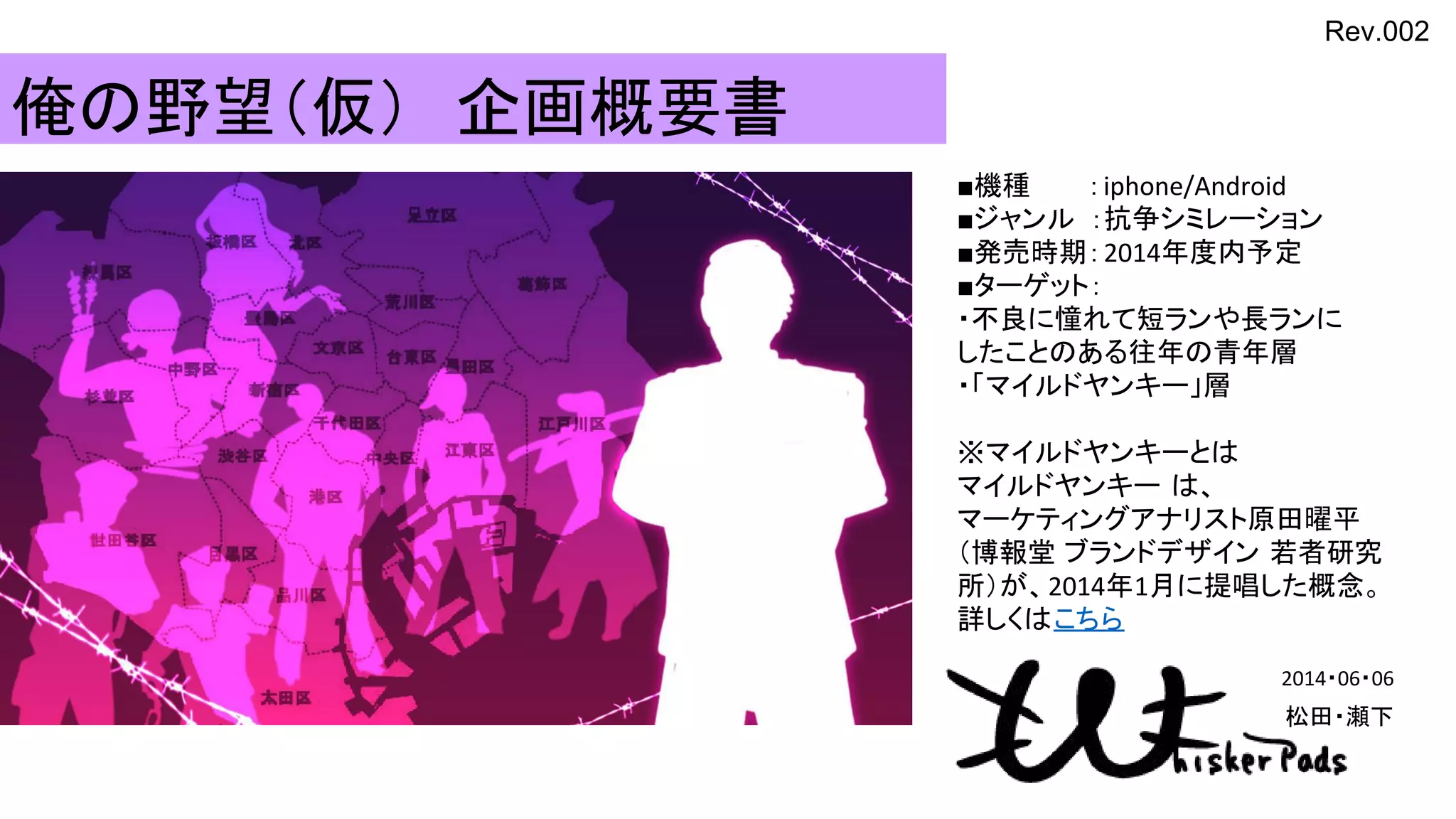 俺の野望（仮）　企画概要書
2014・06・06
松田・瀬下
　　
■機種　　　：iphone/Android
■ジャンル ：抗争シミレーション
■発売時期：2014年度内予定
■ターゲット：
・不良に憧れて短ランや長ランに
したことのある往年の青年層
・「マイルドヤンキー」層
※マイルドヤンキーとは
マイルドヤンキー は、
マーケティングアナリスト原田曜平
（博報堂 ブランドデザイン 若者研究
所）が、2014年1月に提唱した概念。
詳しくはこちら
Rev.002
 