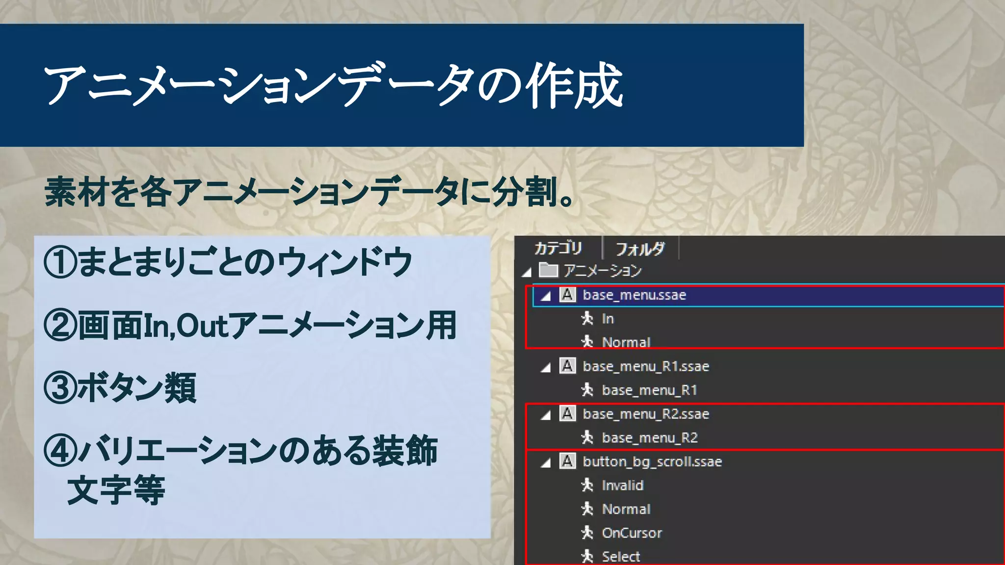 　アニメーションデータの作成
素材を各アニメーションデータに分割。
①まとまりごとのウィンドウ
②画面In,Outアニメーション用
③ボタン類
④バリエーションのある装飾
　文字等
 