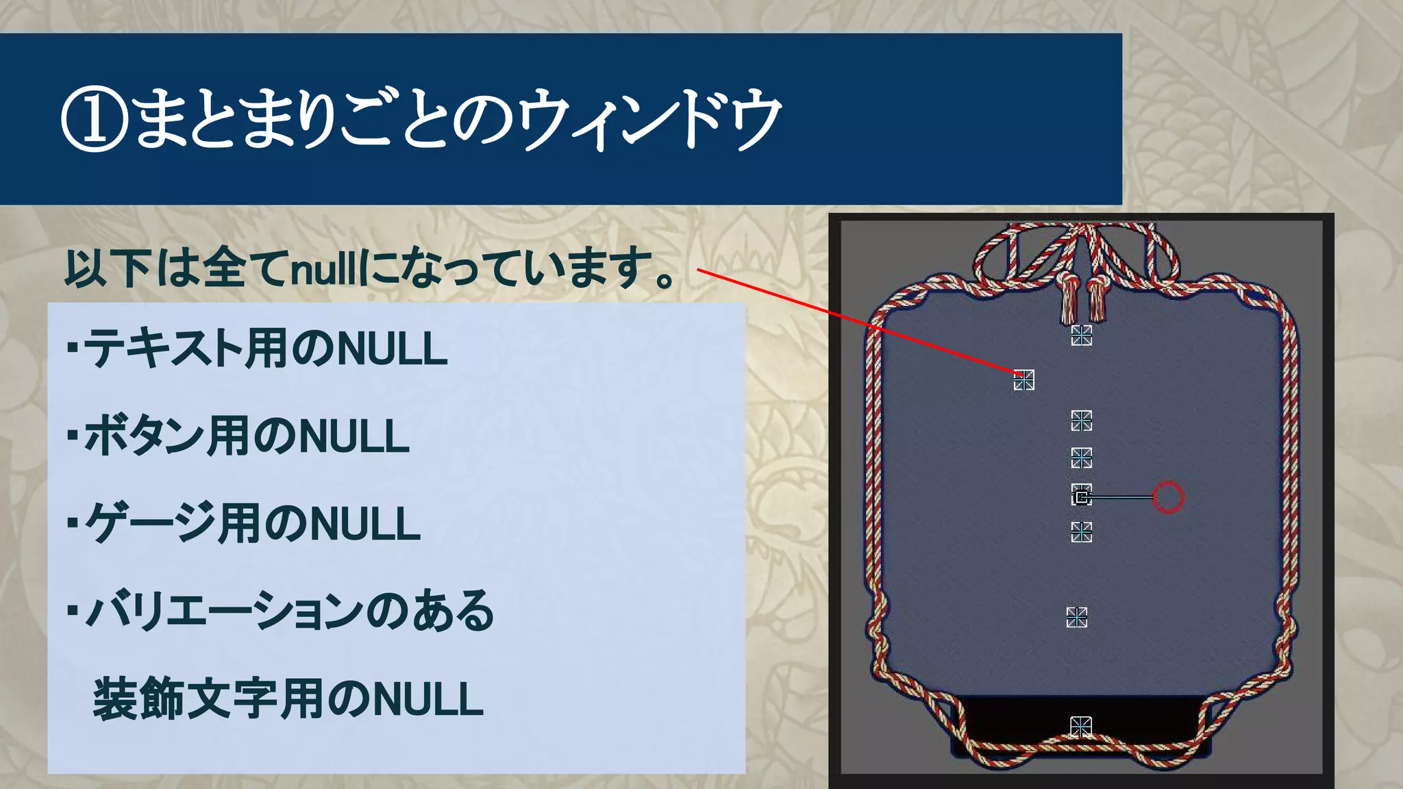 　①まとまりごとのウィンドウ
以下は全てnullになっています。
・テキスト用のNULL
・ボタン用のNULL
・ゲージ用のNULL
・バリエーションのある
　装飾文字用のNULL
 