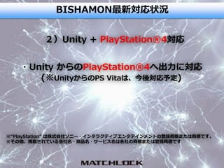 BISHAMON最新対応状況
・Unity からのPlayStation®4へ出力に対応
(※UnityからのPS Vitaは、今後対応予定)
２）Unity + PlayStation®4対応
※“PlayStation” は株式会社ソニー・インタラクティブエンタテインメントの登録商標または商標です。
※その他、掲載されている会社名・商品名・サービス名は各社の商標または登録商標です
 
