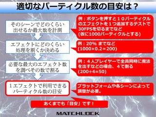 適切なパーティクル数の目安は？
数
処
数
数
例：ボタンを押すと１０パーティクル
のエフェクトを１つ追加するテストで
30FPSを切るまでなど
(仮に1000パーティクルとする)
例：20% までなど
(1000×0.2＝200)
例：４人プレイヤーで全員同時に魔法
を出すなどの場合、４で割る
(200÷4=50)
数
プラットフォームや各シーンによって
調整が必要。
あくまでも「目安」です！
 