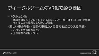 ヴィークルゲームの 化で酔う要因
• ベクション系
• 体験者は座ってプレイしているのに、バギーカーはすごい揺れや挙動
をすることの差異により酔いが発生
• 激しい車の挙動（実際の車載カメラ等でも起こりえる問題）
• バウンドや振動も大きい
• 上下左右の回転・ブレ
 