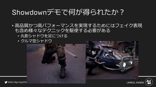 デモで何が得られたか？
• 高品質かつ高パフォーマンスを実現するためにはフェイク表現
も含め様々なテクニックを駆使する必要がある
• 丸影シャドウを足につける
• クルマ型シャドウ
 