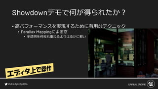 デモで何が得られたか？
• 高パフォーマンスを実現するために有用なテクニック
• による窓
• 半透明を何枚も重ねるよりはるかに軽い
 