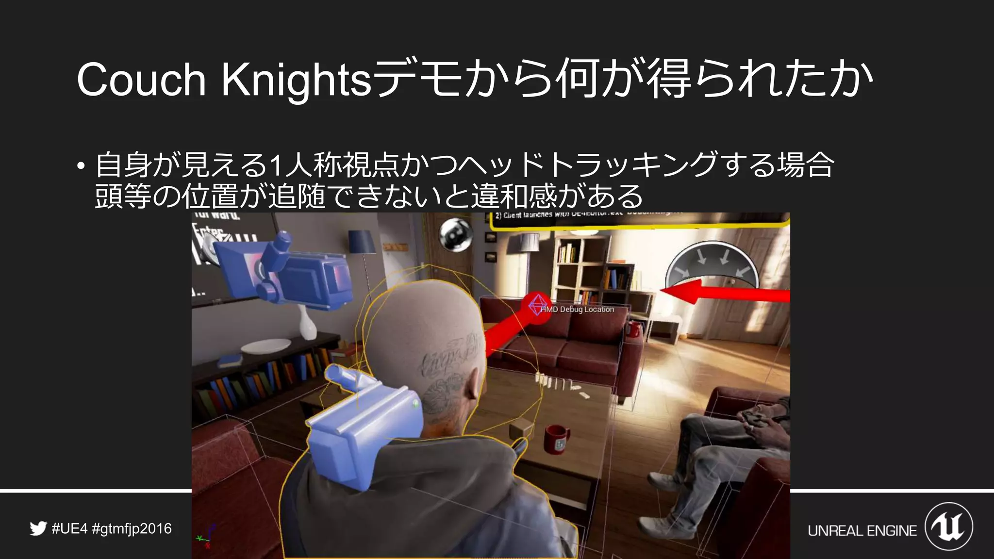 デモから何が得られたか
• 自身が見える 人称視点かつヘッドトラッキングする場合
頭等の位置が追随できないと違和感がある
 