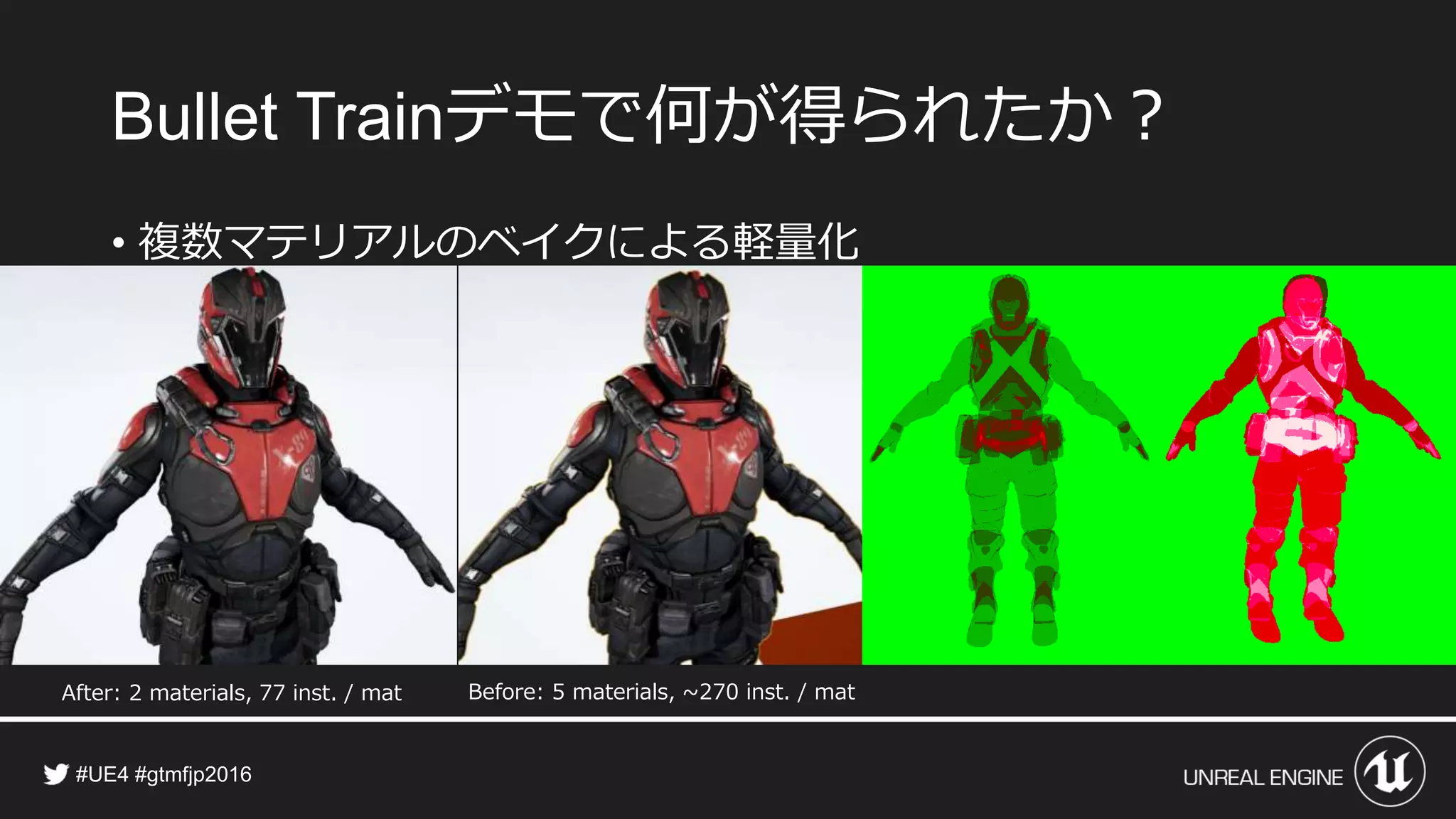デモで何が得られたか？
• 複数マテリアルのベイクによる軽量化
Before: 5 materials, ~270 inst. / matAfter: 2 materials, 77 inst. / mat
 