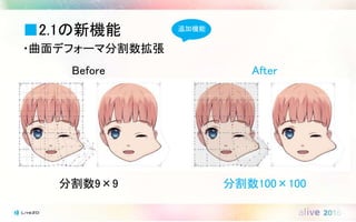 ■2.1の新機能
・曲面デフォーマ分割数拡張
Before After
分割数9×9 分割数100×100
追加機能
 