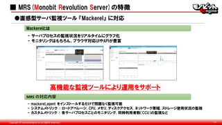 Copyright © monobitengine Inc.All Rights Reserved. 11
■ MRS(Monobit Revolution Server)の特徴
- mackerel_agent をインストールするだけで問題なく監視可能
- システムメトリック ： ロードアベレージ, CPU, メモリ, ディスクアクセス, ネットワーク帯域, ストレージ使用状況の監視
- カスタムメトリック ： 各サーバプロセスごとのモニタリング, 同時利用者数（CCU）の監視など
●直感型サーバ監視ツール 『Mackerel』 に対応
MRS の対応内容
Mackerelとは
- サーバプロセスの監視状況をリアルタイムにグラフ化
- モニタリングはもちろん、ブラウザ対応UIやAPIが豊富
高機能な監視ツールにより運用をサポート
 