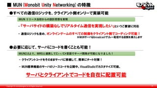 Copyright © monobitengine Inc.All Rights Reserved. 18
■ MUN(Monobit Unity Networking)の特徴
●すべての通信ロジックを、クライアント側オンリーで実装可能
MUN リリース当初からの設計思想を実現
- 『サーバサイドの構築なしでリアルタイム通信を実現したい』というご要望に対応
- 通信ロジックも含め、オンラインゲームのすべての制御をクライアント側でコーディング可能！
※MUNサーバはbroadcastでリレー配信する役割を果たします
- クライアントコードをそのままサーバに移植して、簡単にチート対策！
- MUN標準機能のサーバのソースコードを公開中。VisualStudioでカスタマイズ可能。
●必要に応じて、サーバにコードを書くことも可能！
MUN2.0より、MRSと連携してC++/C#言語でサーバ開発が可能になりました！
サーバとクライアントでコードを自在に配置可能
 