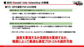 Copyright © monobitengine Inc.All Rights Reserved. 19
■ MUN(Monobit Unity Networking)の特徴
- MUNサーバ側は、TCP/UDPの通信ポート双方で待ち受けしている
- 同一認証のMUNクライアントであれば、TCPの接続クライアントとUDPの接続クライアントを
同一ルームに接続させることも可能
●TCP, UDPの通信プロトコルの利用
MRSに基づき、TCP/UDPの通信プロトコルをサポート
MUNにおける UDP/RUDP接続プロトコルについて
- MUNの内部処理で行われる送受信（ロビー/ルームの入退室など）の通信をUDPで行なう場合、
すべて RUDP で伝送される
- RPC（リモートプロシージャコール）、およびオブジェクト同期通信のみUDP/RUDP の個別設定が可能
速度を重視するか信頼性を重視するか、
場面によって最適な通信プロトコルを選択可能
 