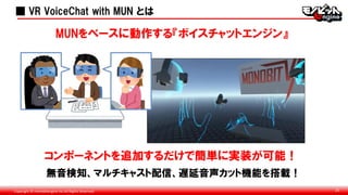 Copyright © monobitengine Inc.All Rights Reserved. 25
■ VR VoiceChat with MUN とは
MUNをベースに動作する『ボイスチャットエンジン』
コンポーネントを追加するだけで簡単に実装が可能！
無音検知、マルチキャスト配信、遅延音声カット機能を搭載！
■
 
