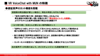 Copyright © monobitengine Inc.All Rights Reserved. 29
■ VR VoiceChat with MUN の特徴
- 『相手の音声が数ミリ秒～数秒遅れて再生』 されるような
再生遅延の状態が著しく悪い状態のときに 『再生待ちレコード』 を削除し、
よりリアルタイムな音声を受信側で再生させる機能です
●遅延音声のカット機能を搭載
受信側の再生遅延が著しい場合に、再生の早回しを行なう機能
『ぶつ切り感』 をほとんど感じない音声遅延カット
- 『音声のぶつ切り』 がイメージとして浮かぶかもしれませんが、音声として聞き取れる
僅かな時間をカットするだけなので、ぶつ切り感をほとんど感じることはありません
- 数ミリ秒単位で音声再生を補完することにより、送信側の音声をより瞬時に受信側で
再生できる 『リアルタイムさ』 を実感できます
- コンポーネントの設定から 『遅延音声のカット機能』 を無効にすることもできます
生の音声データを取り出して、ボイスチェンジャーも実装可能です
■
 