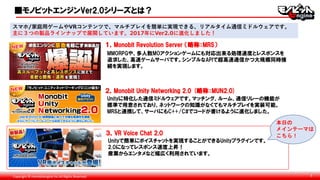Copyright © monobitengine Inc.All Rights Reserved. 3
スマホ/家庭用ゲームやVRコンテンツで、マルチプレイを簡単に実現できる、リアルタイム通信ミドルウェアです。
主に３つの製品ラインナップで展開しています。2017年にVer2.0に進化しました！
１，Monobit Revolution Server （略称：MRS）
MMORPGや、多人数MOアクションゲームにも対応出来る処理速度とレスポンスを
追求した、高速ゲームサーバです。シンプルなAPIで超高速通信かつ大規模同時接
続を実現します。
■モノビットエンジンVer2.0シリーズとは？
２，Monobit Unity Networking 2.0 (略称：MUN2.0)
Unityに特化した通信ミドルウェアです。マッチング、ルーム、通信リレーの機能が
標準で用意されており、ネットワークの知識がなくてもマルチプレイを実装可能。
MRSと連携して、サーバにもC++/C#でコードが書けるように進化しました。
３，VR Voice Chat 2.0
Unityで簡単にボイスチャットを実現することができるUnityプラグインです。
2.0になってレスポンス速度上昇！
産業からエンタメなど幅広く利用されています。
本日の
メインテーマは
こちら！
 