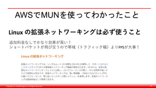 Copyright © monobitengine Inc.All Rights Reserved. 61
AWSでMUNを使ってわかったこと
Linux の拡張ネットワーキングは必ず使うこと
追加料金なしでかなり効果が高い！
ショートパケットが飛び交うので帯域（トラフィック幅）よりPPSが大事！
 