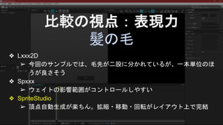 比較の視点：表現力
髪の毛
❖ Lxxx2D
➢ 今回のサンプルでは、毛先が二股に分かれているが、一本単位のほ
うが良さそう
❖ Spxxx
➢ ウェイトの影響範囲がコントロールしやすい
❖ SpriteStudio
➢ 頂点自動生成が楽ちん。拡縮・移動・回転がレイアウト上で完結
 