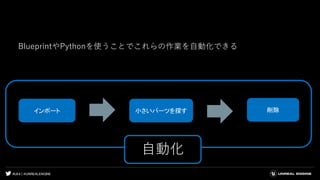 #UE4 | @UNREALENGINE
BlueprintやPythonを使うことでこれらの作業を自動化できる
インポート 小さいパーツを探す 削除
自動化
 