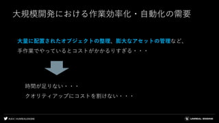 #UE4 | @UNREALENGINE
大規模開発における作業効率化・自動化の需要
大量に配置されたオブジェクトの整理、膨大なアセットの管理など、
手作業でやっているとコストがかかるりすぎる・・・
時間が足りない・・・
クオリティアップにコストを割けない・・・
 