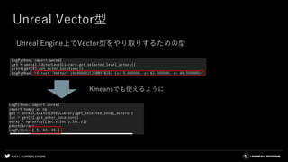 #UE4 | @UNREALENGINE
Unreal Vector型
Unreal Engine上でVector型をやり取りするための型
Kmeansでも使えるように
 