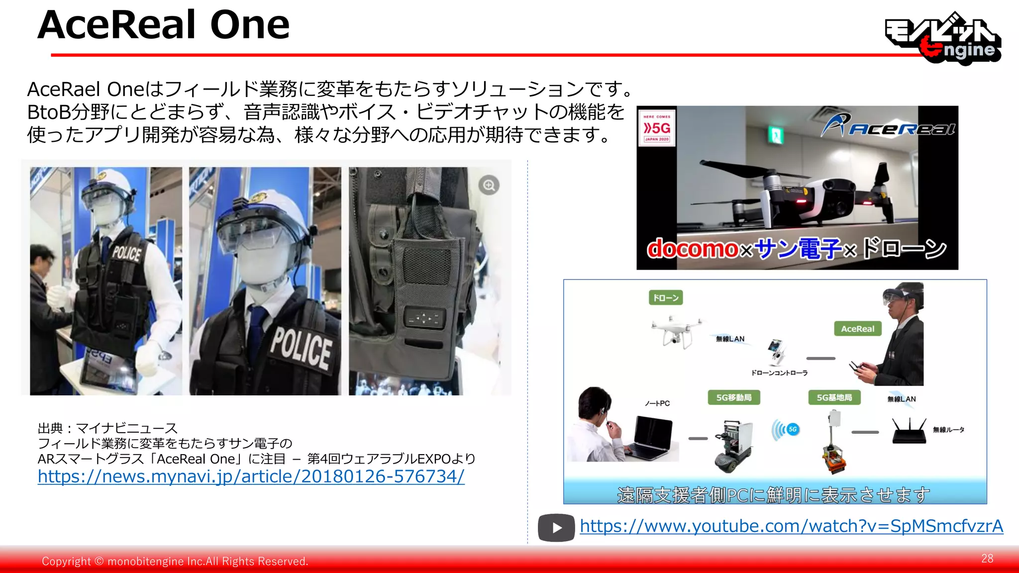 Copyright © monobitengine Inc.All Rights Reserved. 28
AceReal One
出典：マイナビニュース
フィールド業務に変革をもたらすサン電子の
ARスマートグラス「AceReal One」に注目 － 第4回ウェアラブルEXPOより
https://news.mynavi.jp/article/20180126-576734/
https://www.youtube.com/watch?v=SpMSmcfvzrA
AceRael Oneはフィールド業務に変革をもたらすソリューションです。
BtoB分野にとどまらず、音声認識やボイス・ビデオチャットの機能を
使ったアプリ開発が容易な為、様々な分野への応用が期待できます。
 