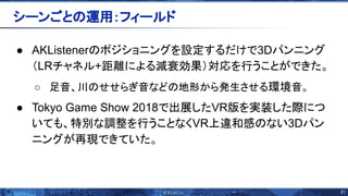 21 
● AKListener ポジショニングを設定するだけで3Dパンニング
（LRチャネル+距離による減衰効果）対応を行うことができた。
○ 足音、川 せせらぎ音など 地形から発生させる環境音。
● Tokyo Game Show 2018で出展したVR版を実装した際につ
いても、特別な調整を行うことなくVR上違和感 ない3Dパン
ニングが再現できていた。
シーンごと 運用：フィールド 
 
