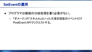 34 
● プログラマ 複雑 分岐処理を書く必要がない。
○ 「ダメージ」や「スキルA」といった大項目程度 イベントだけ
PostEvent APIでリクエストする。
etEvent 運用 
 