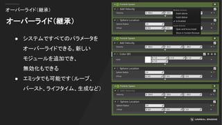 オーバーライド（継承）
オーバーライド（継承）
● システムですべてのパラメータを
オーバーライドできる。新しい
モジュールを追加でき、
無効化もできる
● エミッタでも可能です（ループ、
バースト、ライフタイム、生成など）
 