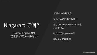 Niagaraって何?
Unreal Engine 4の
次世代VFXツールセット
デザインの考え方
システムのヒエラルキー
新しいVFXのワークフローと
パラダイム
UI/UXのショーケース
コンテンツの事例
 