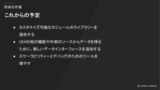 将来の作業
これからの予定
● カスタマイズ可能なモジュールのライブラリーを
提供する
● UE4の他の機能や外部のソースからデータを得る
ために、新しいデータインターフェースを追加する
● スケーラビリティーとデバッグのためのツールを
増やす
 