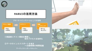 MARUIの活用方法
アセット制作
&bull; Maya
&bull; MARUI
VRテスト
&bull; Maya
&bull; MARUI
実装
レンダリング
&bull; ゲーム
エンジン
プロトタイピングツールとしての活用
①実装前にテスト環境を構築し
制作プロセスを効率化
②データのイン/エクスポートを省き
一日数時間の時間短縮
アーティスト⇆ディベロッパー
 