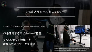 VFXカメラツールとしてのVR①
&bull; レディプレイヤーワン（Warner Bros. Pictures - 2018）
VRを活用するスピルバーグ監督
フルCGセットの様子を
理解しカメラワークを決定
https://www.roadtovr.com/ready-player-one-behind-the-
scenes-shows-how-spielberg-used-vr-in-production/
 