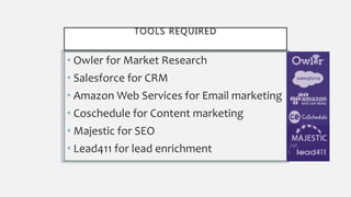 TOOLS REQUIRED
• Owler for Market Research
• Salesforce for CRM
• Amazon Web Services for Email marketing
• Coschedule for Content marketing
• Majestic for SEO
• Lead411 for lead enrichment
 