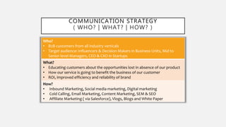 COMMUNICATION STRATEGY
( WHO? | WHAT? | HOW? )
Who?
• B2B customers from all industry verticals
• Target audience: Influencers & Decision Makers in Business Units, Mid to
Senior level Managers, CEO & CXO in Startups
What?
• Educating customers about the opportunities lost in absence of our product
• How our service is going to benefit the business of our customer
• ROI, improved efficiency and reliability of brand
How?
• Inbound Marketing, Social media marketing, Digital marketing
• Cold Calling, Email Marketing, Content Marketing, SEM & SEO
• Affiliate Marketing ( via Salesforce), Vlogs, Blogs and White Paper
 