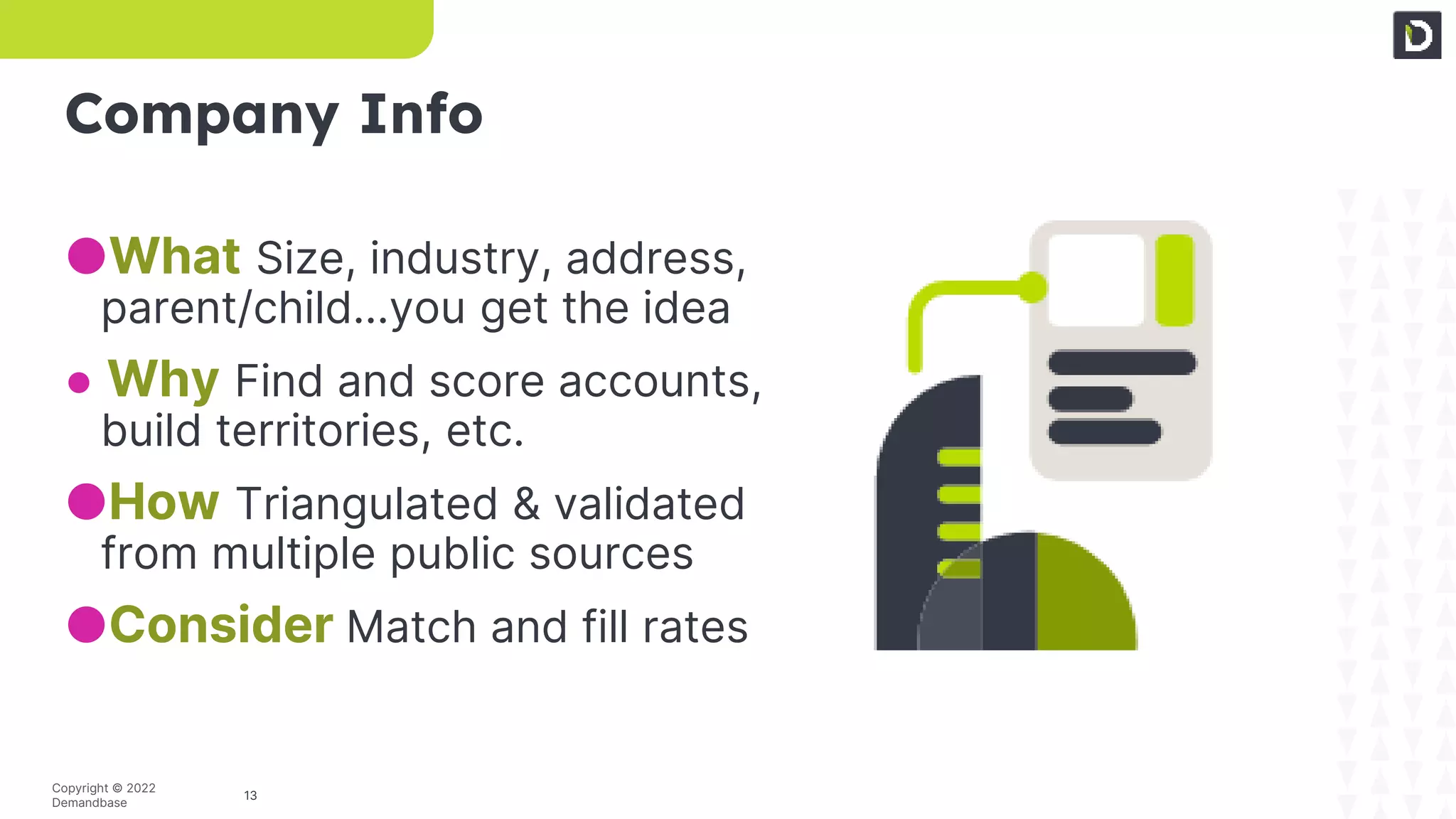 13
Copyright © 2022
Demandbase
Company Info
●What Size, industry, address,
parent/child…you get the idea
● Why Find and score accounts,
build territories, etc.
●How Triangulated & validated
from multiple public sources
●Consider Match and fill rates
 