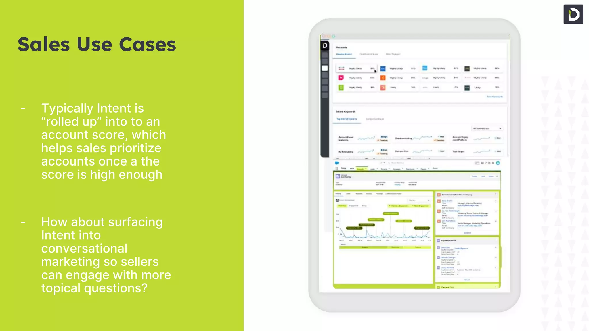 28
Copyright © 2022
Demandbase
- Typically Intent is
“rolled up” into to an
account score, which
helps sales prioritize
accounts once a the
score is high enough
Sales Use Cases
- How about surfacing
Intent into
conversational
marketing so sellers
can engage with more
topical questions?
 