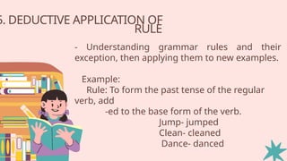 5. DEDUCTIVE APPLICATION OF
RULE
- Understanding grammar rules and their
exception, then applying them to new examples.
Example:
Rule: To form the past tense of the regular
verb, add
-ed to the base form of the verb.
Jump- jumped
Clean- cleaned
Dance- danced
 