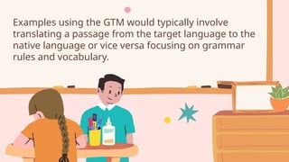 Examples using the GTM would typically involve
translating a passage from the target language to the
native language or vice versa focusing on grammar
rules and vocabulary.
 