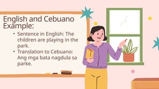 English and Cebuano
Example:
• Sentence in English: The
children are playing in the
park.
• Translation to Cebuano:
Ang mga bata nagdula sa
parke.
 