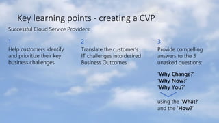 Key learning points - creating a CVP
1
Help customers identify
and prioritize their key
business challenges
2
Translate the customer’s
IT challenges into desired
Business Outcomes
3
Provide compelling
answers to the 3
unasked questions:
‘Why Change?’
‘Why Now?’
‘Why You?’
using the ‘What?’
and the ‘How?’
Successful Cloud Service Providers:
 